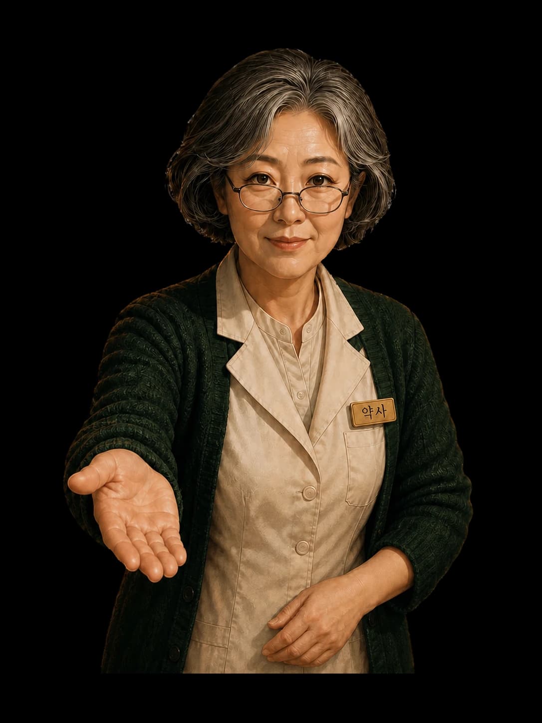 조제대 너머 방문객을 바라보는 약사 선생님